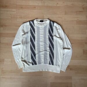 Trust Mens Vintage Style Textured Cable Knit Geometric Sweater White Gray Large